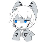  ambiguous_gender anthro blue_eyes blush changed_(video_game) chano drinking fin fish grey_body hair holding_object juice_box marine multicolored_body shark simple_background solo straw the_shark_(changed) white_background white_body white_hair 