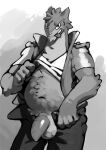  anthro bittenhard black_and_white chubby_male clothed clothing clothing_lift genitals male monochrome nintendo penis pok&eacute;mon pok&eacute;mon_(species) shirt shirt_lift solo striptease tongue tongue_out topwear typhlosion video_games 