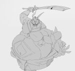  anthro belly big_belly bottomwear clothing headgear hi_res illfang_the_kobold_lord kobold loincloth looking_at_viewer male melee_weapon musclegut overweight overweight_male reagan700 slightly_chubby solo sword sword_art_online weapon wristband 