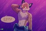  2021 abs anthro athletic athletic_anthro athletic_male belt bottomwear canid canine clothed clothing dark_ishihara dialogue english_text epic_games fennix_(fortnite) fortnite fox fur gameplay_mechanics gloves handwear health_bar inviting looking_at_viewer male mammal navel pants purple_background raining simple_background smile solo storm talking_to_viewer text topless topless_male tuft video_games water wet wet_body wet_fur yellow_sclera 