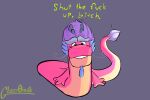  4_fingers asian_mythology dialogue dragon east_asian_mythology eastern_dragon english_text feral fingers glass0milk hair horn long_(wish_dragon) looking_at_viewer male mythology pink_body profanity purple_hair reaction_image simple_background solo tail_tuft text tuft wish_dragon 