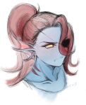  animal_humanoid blue_body blue_skin cana_(artist) ear_fins eye_patch eyewear female fin fish fish_humanoid gills hair hair_over_eye headshot_portrait hi_res humanoid marine marine_humanoid one_eye_obstructed ponytail portrait red_hair simple_background solo teeth undertale_(series) undyne white_background yellow_sclera 