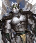  accessory anthro biped black_clothing black_jacket black_topwear bottomwear canid canine canis clothed clothing dopq fur grey_body grey_fur headband horkeukamui jacket lifewonders loincloth male mammal muscular muscular_anthro muscular_male nipples pecs solo tokyo_afterschool_summoners topwear video_games wolf 
