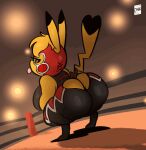  2021 animated anthro anus barely_visible_anus big_breasts big_butt breasts butt butt_focus cleft_tail clothing cosplay_pikachu_(character) cosplay_pikachu_(costume) dipstick_ears fan_character female fighting_ring hair hi_res huge_breasts huge_butt joaoppereiraus kanna_(joaoppereiraus) looking_back mask motion_lines multicolored_ears nintendo pikachu pikachu_libre pok&eacute;mon pok&eacute;mon_(species) short_stack signature solo tongue tongue_out twerking video_games yellow_body yellow_skin 