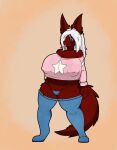  abstract_background anthro big_breasts black_sclera blue_clothing blue_footwear blue_socks breasts clothing demon female firepawdacat_(artist) fluffy fluffy_tail footwear fur hair hand_on_hip hi_res huge_breasts legwear lodish long_hair markings nipple_outline panties pupils red_body red_fur shirt slit_pupils socks solo standing star thick_thighs thigh_highs tongue tongue_out topwear underwear white_hair 