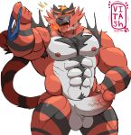  2021 abs absurd_res anthro armpit_hair balls biceps big_muscles big_penis blush body_hair chest_hair clothing erection fire fur genitals hand_on_hip happy_trail hi_res holding_clothing holding_object holding_underwear humanoid_genitalia humanoid_penis incineroar looking_at_viewer male muscular muscular_anthro muscular_male narrowed_eyes navel nintendo nipple_piercing nipples nude obliques open_mouth open_smile pecs penis piercing pok&eacute;mon pok&eacute;mon_(species) pubes seductive signature simple_background smile solo standing teeth tongue tongue_out tuft underwear vein video_games vitashi white_background 
