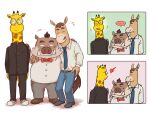  2021 anthro atsuya_baba_(odd_taxi) bottomwear bow_tie brown_body clothing comic embrace equid equine eyes_closed eyewear giraffe giraffid glasses group hi_res horse hug kemono kensuke_shibagaki_(odd_taxi) male mammal necktie odd_taxi overweight overweight_male pants satoshi_nagashima_(odd_taxi) saturn_ribbon shirt suid suina sus_(pig) topwear wild_boar yellow_body 