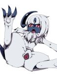  3_toes absol animal_genitalia animal_pussy anus canine_pussy feet female feral fur gaping gaping_pussy genitals lying negoya nintendo on_back open_mouth pok&eacute;mon pok&eacute;mon_(species) presenting pussy red_eyes simple_background solo toes video_games white_background 