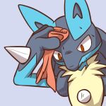  2021 3_fingers 467adv ambiguous_gender anthro black_body black_fur blue_body blue_fur bodily_fluids chest_spike fingers fur grey_background hand_spike holding_object holding_towel lucario meme multicolored_body multicolored_fur neck_tuft nintendo pok&eacute;mon pok&eacute;mon_(species) reaction_image red_eyes signature simple_background solo spikes spikes_(anatomy) sweat sweating_towel_guy towel tuft video_games yellow_body yellow_fur 