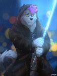  anthro canid canine canis clothed clothing domestic_dog fur hi_res holding_object holding_weapon humanoid husky jedi lightsaber luck_like male mammal melee_weapon nordic_sled_dog outside raining simple_background solo spen_(spencerten) spitz star_wars weapon white_body white_fur 