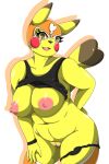  anthro breasts clothed clothing cosplay_pikachu_(costume) female fluffy fluffy_tail fur genitals mask mellonsoda nintendo nipples open_mouth open_smile orange_eyes partially_clothed pikachu pikachu_libre pok&eacute;mon pok&eacute;mon_(species) pussy simple_background smile solo tongue tongue_out video_games yellow_body yellow_fur 