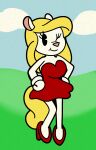  2021 4k absurd_res animaniacs anthro blonde_hair clothing detailed_background digital_media_(artwork) dress eyelashes female fleischer_style_toon fur hair hands_on_hips hi_res high_heels long_hair long_tail looking_at_viewer mammal minerva_mink mink mustelid musteline one_eye_closed outside simple_eyes smile solo someth1ngoranother standing toony true_musteline warner_brothers white_body white_fur wink winking_at_viewer 