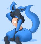  &lt;3 absurd_res ambiguous_gender anthro big_butt blue_body blue_fur butt eyes_closed fluffy fluffy_tail fur hand_between_legs hand_on_head hi_res lucario neck_tuft nintendo pok&eacute;mon pok&eacute;mon_(species) shaded simple_background simple_coloring simple_shading sitting solo thick_thighs tompmarsh tuft video_games 