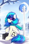 2021 bus_stop chest_tuft cutie_mark equid equine eyewear female feral friendship_is_magic hi_res horn mammal my_little_pony outside plant road_sign scarf shadowreindeer sitting snow solo sunglasses tree tuft unicorn vinyl_scratch_(mlp) winter 
