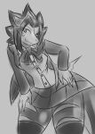  anthro barbara_(tetsushi) bottomwear bow_tie breasts clothed clothing collared_shirt dracozolt dragon dress_shirt female fossil_pok&eacute;mon greyscale jacket monochrome nintendo one_eye_closed plaid playful pok&eacute;mon pok&eacute;mon_(species) pok&eacute;morph shirt simple_background skirt smile solo tetsushi topwear video_games wink 