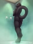  2020 anthro anus biped black_body black_fur black_nose breasts butt detailed_background felid female fur genitals hi_res low-angle_view mammal nipples nude pantherine pussy rear_view showering solo standing tenynn wet whiskers 