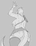  2021 5_fingers anthro argonian armor bethesda_softworks big_breasts bottomwear breasts butt claws clothed clothing cokesero deeja eyelashes female fingers greyscale hand_on_breast hi_res holding_breast horn legwear looking_back low-angle_view miniskirt monochrome narrowed_eyes nipples non-mammal_breasts pauldron portrait rear_view scales scalie scar sharp_teeth skirt skyrim smile solo standing stockings teeth the_elder_scrolls thigh_highs three-quarter_portrait topless upskirt video_games 