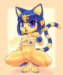  2021 accessory animal_crossing ankha_(animal_crossing) anklet anthro areola barefoot blasticussaturn blue_areola blue_hair blue_nipples bottomless bracelet breasts clothed clothing crouching feet felid feline female genitals hair hair_accessory hi_res jewelry looking_at_viewer mammal nintendo nipples open_mouth purple_eyes pussy short_hair signature simple_background small_breasts solo spread_legs spreading thick_thighs video_games wraps yellow_body 