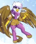  2021 anthro avian brown_body brown_fur clothing dialogue eyebrows eyelashes feathered_wings feathers female friendship_is_magic fur gesture gilda_(mlp) gryphon hi_res legwear looking_at_viewer my_little_pony mythological_avian mythology navel purple_clothing purple_legwear purple_thigh_highs raised_finger raised_index_finger scarf shadowreindeer snow solo tail_tuft thigh_highs toeless_legwear tuft white_body white_feathers wings winter yellow_eyes 