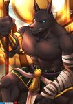  anthro anubian_jackal areola canid canine canis hi_res humanoid jackal league_of_legends looking_at_viewer male mammal muscular muscular_male nasus_(lol) nipples pecs riot_games sitting solo tofuboyz veiny_muscles video_games 