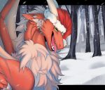  ambiguous_gender christmas christmas_clothing christmas_headwear clothing dragon fangs feral fur furred_dragon green_eyes hat headgear headwear holidays krugell looking_at_viewer open_mouth red_body red_scales santa_hat scales snow solo tongue tongue_out 