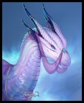  2021 absurd_res blue_eyes digital_media_(artwork) dragon female feral glowingspirit hi_res horn purple_body purple_scales scales smile solo 