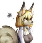  annoyed anthro blonde_hair breasts brown_body brown_fur brown_nose bust_portrait canid canine cleavage clothed clothing emanata eyebrow_through_hair eyebrows female fur hair hi_res jacket mammal portrait shorthair simple_background solo tinygaypirate topwear translucent translucent_hair white_background yellow_eyes 