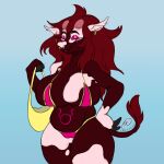  1:1 absurd_res anthro big_breasts bikini bovid bovine breasts cattle clothed clothing digital_media_(artwork) female hair hi_res makeup mammal markings nipple_piercing nipples piercing ramerooni red_body red_hair simple_background smile solo spots spotted_body spotted_markings swimwear taurus_(zodiac) western_zodiac 