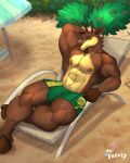  4:5 alrik_(coachmika) anthro beach bottomwear bulge clothed clothing hi_res male mr._frenzy nintendo nipples outside pok&eacute;mon pok&eacute;mon_(species) sawsbuck seaside shorts solo topless video_games 