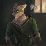  absurd_res anthro arrow_(weapon) canid canine canis cinnamomo clothed clothing green_clothing green_shirt green_topwear hi_res male mammal ranged_weapon shirt solo topwear weapon wolf 