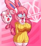  &lt;3 2021 absurd_res anthro big_breasts blue_eyes blush breasts clothed clothing digital_media_(artwork) duo eeveelution embarrassed eyewear female finger_on_chin fur glasses hair hi_res icon javisylveon_(mintyspirit) mammal mintyspirit nintendo pink_hair pink_nose pok&eacute;mon pok&eacute;mon_(species) red_eyewear red_glasses slightly_chubby solo sweater swirlix sylveon thick_thighs topwear video_games white_body white_fur wide_hips yellow_clothing yellow_sweater yellow_topwear 