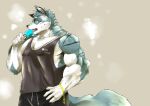  2021 anthro biceps canid canine clothed clothing food fur hair hi_res kemono lost_out_gi male mammal multicolored_body multicolored_fur multicolored_hair muscular muscular_anthro muscular_male pecs popsicle simple_background solo topwear 