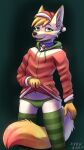  2021 albafox anthro blush canid canine christmas christmas_clothing christmas_headwear clothed clothing clothing_lift collar fox hat headgear headwear hi_res holidays hoodie hybrid leg_warmers legwear looking_at_viewer male mammal mr.albafox panties santa_hat solo topwear underwear 