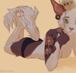  anthro brown_body brown_fur clothed clothing felid female flower fur green_eyes looking_at_viewer mammal noxu pawpads piercing plant simple_background solo tattoo topless 