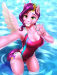  2021 3:4 absurd_res anthro breasts clothing crown cutie_mark equid equine eyebrows eyelashes feathered_wings feathers female fur gesture glistening green_eyes grin hair hasbro hi_res looking_at_viewer mammal mlp_g5 my_little_pony mykegreywolf one-piece_swimsuit open-back_swimsuit partially_submerged pegasus pink_body pink_fur pink_hair pipp_petals_(mlp) selfie smile smiling_at_viewer solo sport_swimsuit swimwear teeth tiara v_sign water wings 