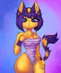  2021 animal_crossing ankha_(animal_crossing) anthro blue_eyes breasts chest_wraps clothed clothing domestic_cat egyptian felid feline felis female fur hi_res mammal meadowmyst multicolored_tail nintendo signature simple_background solo video_games wraps yellow_body yellow_fur 