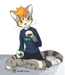  ambiguous_gender anthro bandaged_tail better_version_at_source black_eyes clothed clothing domestic_cat felid feline felis frown fur hair hydrowing kemono mammal orange_hair simple_background solo striped_body striped_fur stripes watermark whiskers wing_(hydrowing) yellow_sclera 