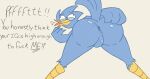  256:135 anthro anus avian backsack balls beak bent_over berdly bird blue_anus blue_balls blue_body blue_feathers bubble_butt butt butt_focus deltarune dialogue english_text feathers genitals half-closed_eyes hand_on_butt hi_res laugh male narrowed_eyes nude perineum presenting presenting_hindquarters raised_tail rear_view silly_face simple_background smug solo standing tail_feathers talking_to_viewer teasing text tongue tongue_out undertale_(series) unknown_artist video_games yellow_beak 
