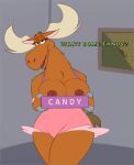  2021 anthro antlers becky_(johnny_bravo) billboi breasts candy capreoline cervid dessert dialogue english_text female food half-closed_eyes hi_res hooves horn johnny_bravo_(series) looking_at_viewer mammal moose mostly_clothed narrowed_eyes nipples open_mouth solo text 