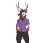  absurd_res alpha_channel anthro antlers bottomwear brown_hair cervid clothed clothing green_eyes hair hands_in_pockets hi_res honey_(stagshack) horn long_hair looking_at_viewer male mammal pants pockets ponytail shirt solo stagshack topwear 