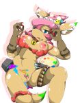  anthro appmon_(species) bandai_namco bell blush breasts brown_body brown_fur claws clothed clothing digimon digimon_(species) effecmon female fluffy fluffy_tail fur genitals hat headgear headwear mellonsoda nipples open_mouth open_smile partially_clothed pubes pussy simple_background smile solo tongue 