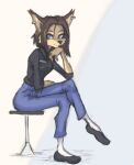  anthro arm_support black_nose blue_eyes bottomwear breasts brown_body brown_fur brown_hair canid canine cheek_tuft clothing crossed_legs denim denim_clothing ear_piercing ear_tuft facial_tuft female footwear fur furniture hair hand_on_chin hi_res inner_ear_fluff jeans leaning leaning_forward looking_at_viewer mammal markings mole_(marking) pants piercing plantigrade samsung_sam shirt shoes short_hair simple_background sitting socks solo stool text text_on_clothing text_on_shirt text_on_topwear tinygaypirate topwear tuft white_background 