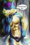 anthro azmut blue_body blue_fur briefs bulge canid canine canis clothing colored detailed digital_media_(artwork) ear_piercing ear_ring english_text fur green_eyes hi_res male mammal nature nature_background piercing solo text underwear water wolf 