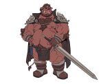 2021 absurd_res anthro bearwivme belly bottomwear cape clothing hi_res humanoid_hands loincloth male mammal melee_weapon moobs navel nipples one_eye_closed overweight overweight_male scar simple_background solo suid suina sus_(pig) sword tongue tongue_out weapon white_background wild_boar wink 