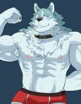  2021 abs absurd_res anthro barazoku biceps bottomwear brand_new_animal canid canine canis clothing fur hi_res male mammal muscular muscular_anthro muscular_male naikuma shirou_ogami simple_background solo studio_trigger wolf 