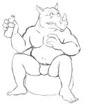  anthro barefoot beverage black_and_white briefs bulge clothed clothing feet horn male monochrome musclegut navel rocksteady simple_background sitting sketch solo thegreatmatsutzu topless underwear underwear_only water_bottle white_background 