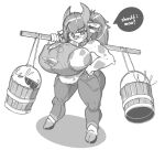  anthro awr_hey big_breasts bodily_fluids bovid bovine breasts cattle cleavage clothed clothing dairy_products ear_piercing female food gauged_ear greyscale hair hi_res horn huge_breasts hyper hyper_breasts lactating lactating_through_clothing mammal monochrome piercing solo speech_bubble text wet wet_clothing 
