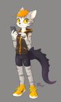  ambiguous_gender athletic_wear better_version_at_source black_eyes domestic_cat dragon_tail felid feline felis freckles fur hair humanoid hydrowing kemono mammal orange_hair phone simple_background solo striped_body striped_fur stripes wing_(hydrowing) yellow_sclera 