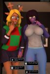  3d_(artwork) anthro big_breasts breasts capreoline cervid clothing darkflash23 deltarune digital_media_(artwork) dress duo english_text female hand_holding hi_res humanoid impregnation_request looking_at_viewer mammal married_couple monster nervous_smile nipple_outline noelle_holiday reindeer sharp_teeth susie_(deltarune) teeth text undertale_(series) video_games 