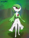  3:4 blubluumon clothing dress extended_arm female forest gardevoir green_hair hair hi_res humanoid nintendo plant pok&eacute;mon pok&eacute;mon_(species) red_eyes smile smiling_at_viewer solo standing tree video_games white_body 